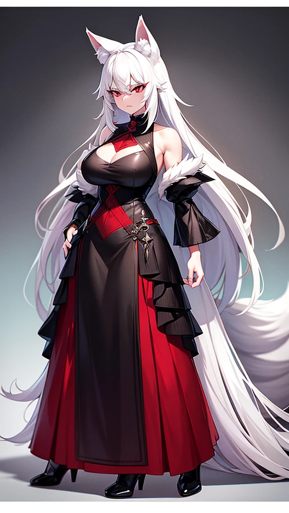 woman, solo, 33 years old, super long hair, bangs, bangs, large burn scar on face, Fearless smile, Sharp Eyes, large breasts, black suit, semilong Tight Skirt, Red High Heels, wearing a long fur coat over shoulders, looking at viewer, standing, 