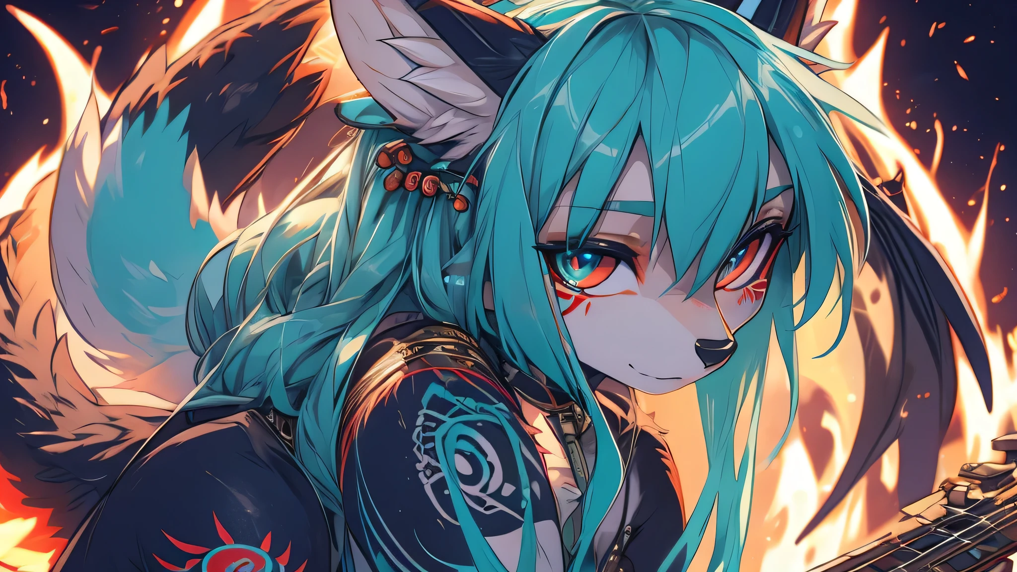 Miku Hatsune, add high definition_detail:1, blue fur,kitsune ears, tribal tattoo add_detail:1