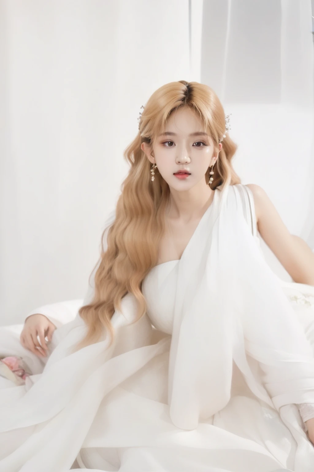 a woman in a white dress sitting on a bed, female korean idol portrait, lalisa manobal, long shiny ethereal hair, hanfu blanco, with long white hair, white hime cut hairstyle, beautiful south korean woman, with long white hair, in white clothes, Portrait of Blackpink's Jossi, ulzzang, ethereal beauty, roseanne park by blackpink