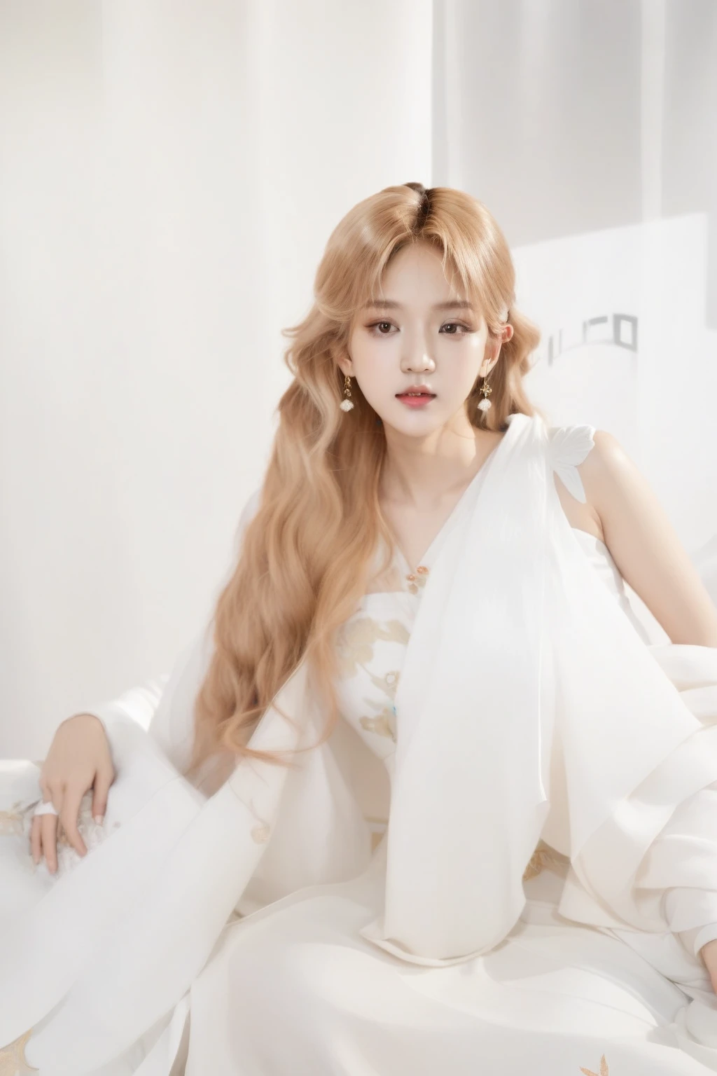a woman in a white dress sitting on a bed, female korean idol portrait, lalisa manobal, long shiny ethereal hair, hanfu blanco, with long white hair, white hime cut hairstyle, beautiful south korean woman, with long white hair, in white clothes, Portrait of Blackpink's Jossi, ulzzang, ethereal beauty, roseanne park by blackpink