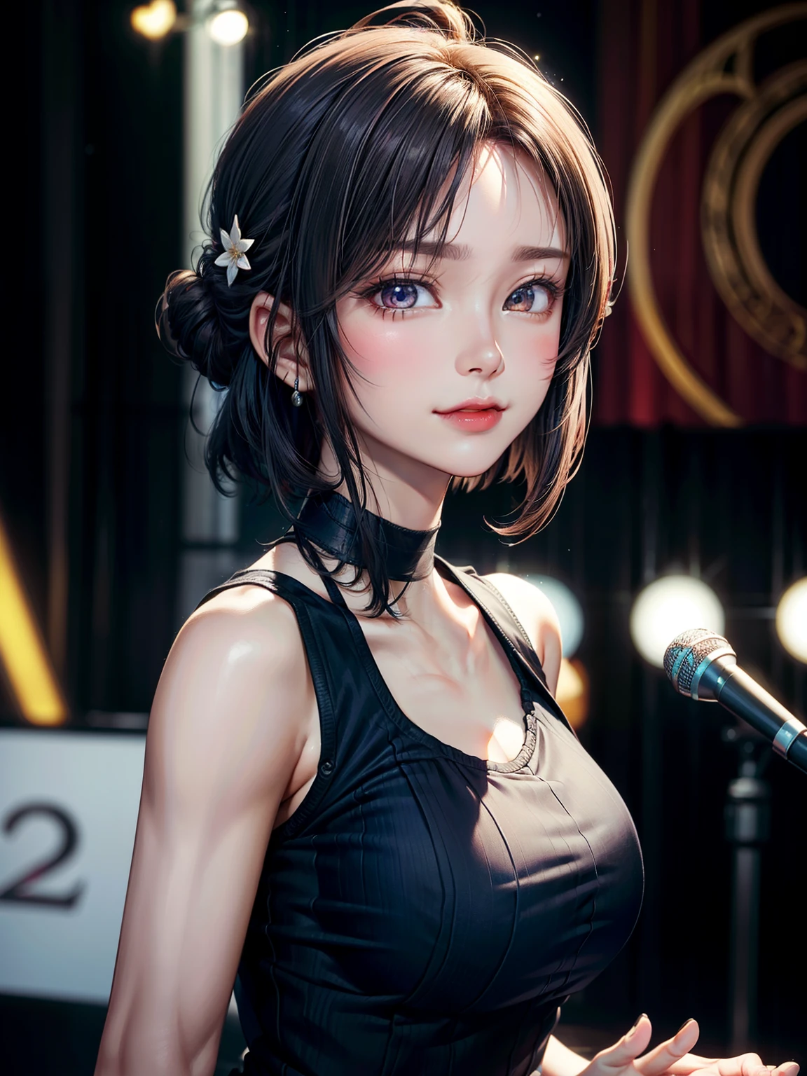 ((Best of the highest quality, 8k, Masterpiece, raw photo: 1.2)), (Sharp focus: 1.2), (1 AESPA, slim body type female, 22 y/o: 1.1), solo, Portrait Waist Up, (realistic, photo-realistic:1.37), face focus, cute face, finely eyes, (forehead: 1.16), (sharp chin, droopy eyes: 1.32), (Emphasize prominent aegyo-sal with bright: 1.2), shimmering eyeshadow applied under the lower lash line, paired with thick, (short bob hair, updo: 1.28), alternative outfit, walking on stage, microphone, flower