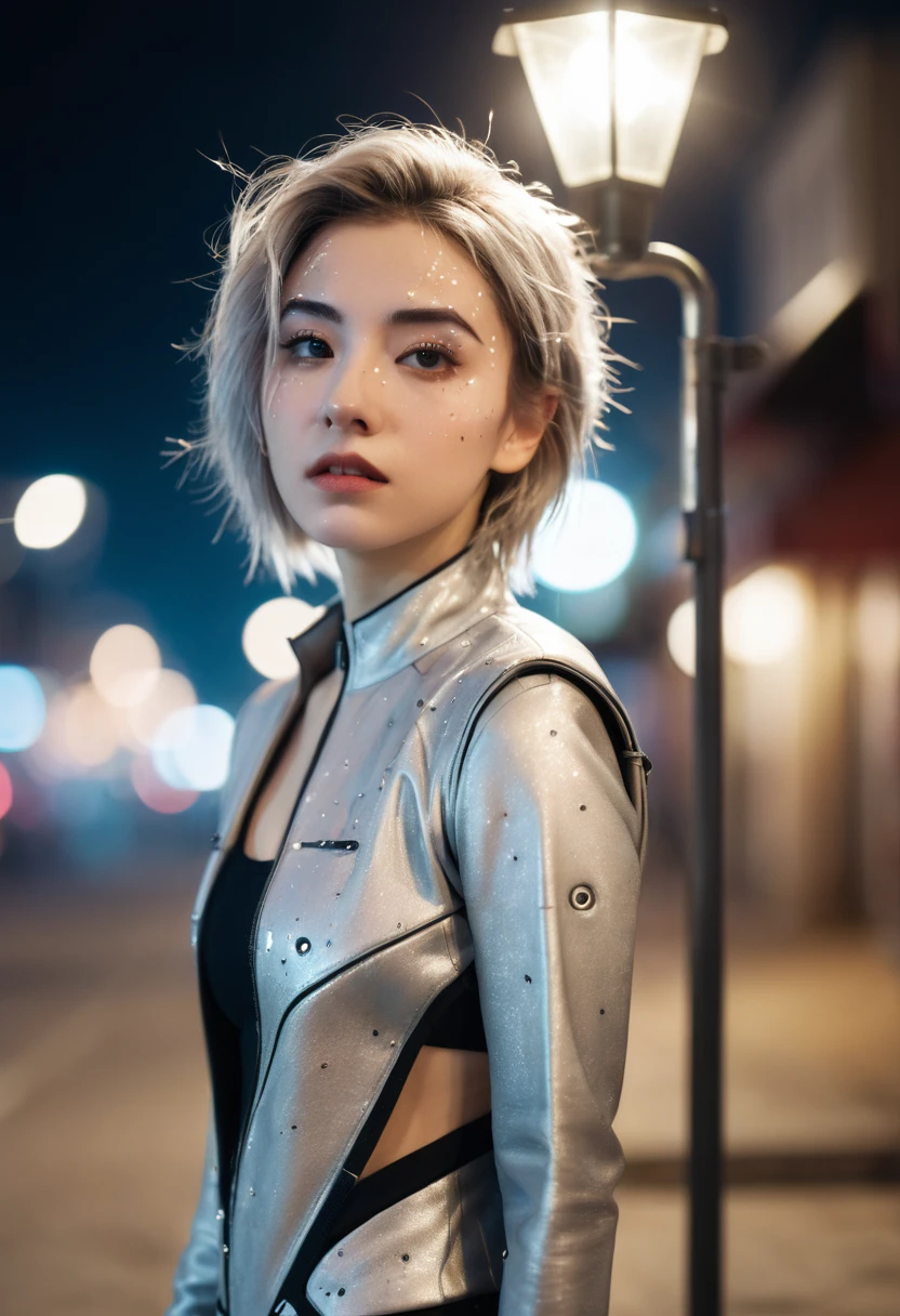 ((film grain, bokeh, light particles ,dust motes, extreme camera angle.)), dynamic pose, full body photo of a young attractive broken cyborg female, eyebrow up, night, streetlamp, gray strand of hair