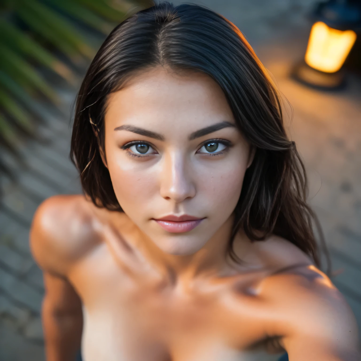 (selfie, top view: 1.4), (straight half of the body: 1.4), RAW UHD portrait photo of a 24-year-old brunette (blue-eyed woman) walking down on the beach, palm trees, (((naked))), details ( hair! , glitter, color!! , disadvantages: 1.1), glossy eyes with high detail (looking at the camera), SLR lighting, SLR camera, ultra-quality, sharpness, depth of field, film grain (center), Fujifilm XT3, crystal clear, frame center, beautiful face, sharp focus, street lamp, neon lighting, bokeh (dimly lit), night, (night sky), detailed skin pores, oily skin, sunburn, complex eye details, full body, large breasts, female fitness model body, abs, vascular muscles, midriff