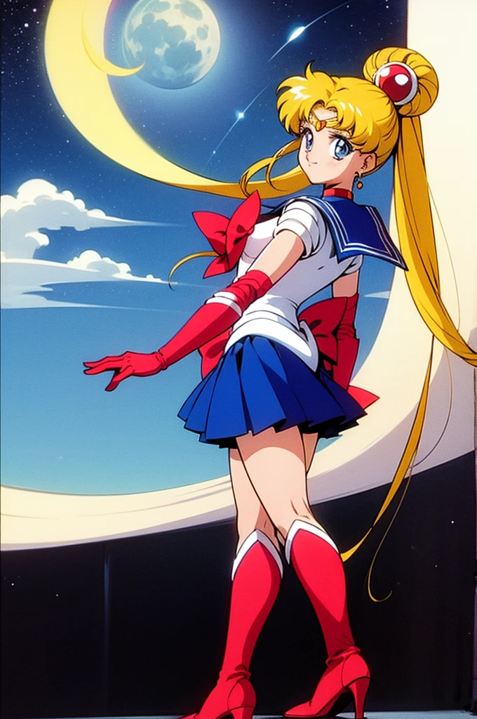 masterpiece, best quality, 1girl, solo, looking at viewer, anime screencap,1990s \(style\), (art by Naoko Takeuchi), EPsmSailorMoon, blonde hair, blue eyes, long hair, very long hair, twintails, hair bun, double bun, miniskirt, choker, bow, crescent earrings, starry sky, knee boots, red choker, white gloves, moon, red bow, sky, magical girl, elbow gloves, star (symbol), closed mouth, earrings, full body, back bow, jewelry, boots, star (sky), sailor senshi uniform, crescent, crescent moon, blue sailor collar, smile, gloves, sailor collar, blue skirt, red footwear, skirt, pleated skirt