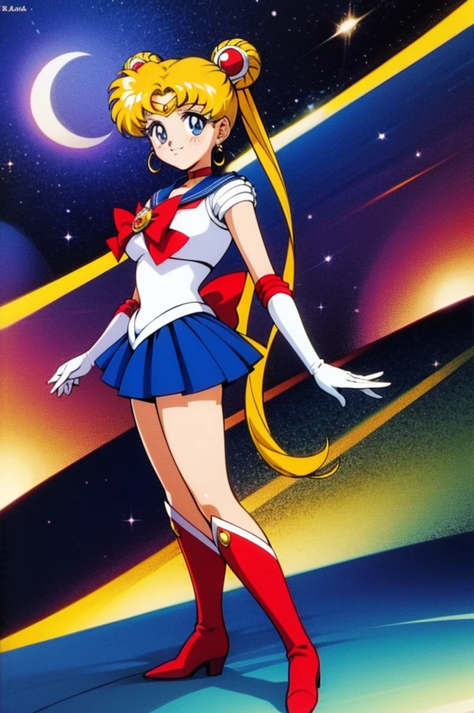 masterpiece, best quality, 1girl, solo, looking at viewer, anime screencap,1990s \(style\), (art by Naoko Takeuchi), EPsmSailorMoon, blonde hair, blue eyes, long hair, very long hair, twintails, hair bun, double bun, miniskirt, choker, bow, crescent earrings, starry sky, knee boots, red choker, white gloves, moon, red bow, sky, magical girl, elbow gloves, star (symbol), closed mouth, earrings, full body, back bow, jewelry, boots, star (sky), sailor senshi uniform, crescent, crescent moon, blue sailor collar, smile, gloves, sailor collar, blue skirt, red footwear, skirt, pleated skirt