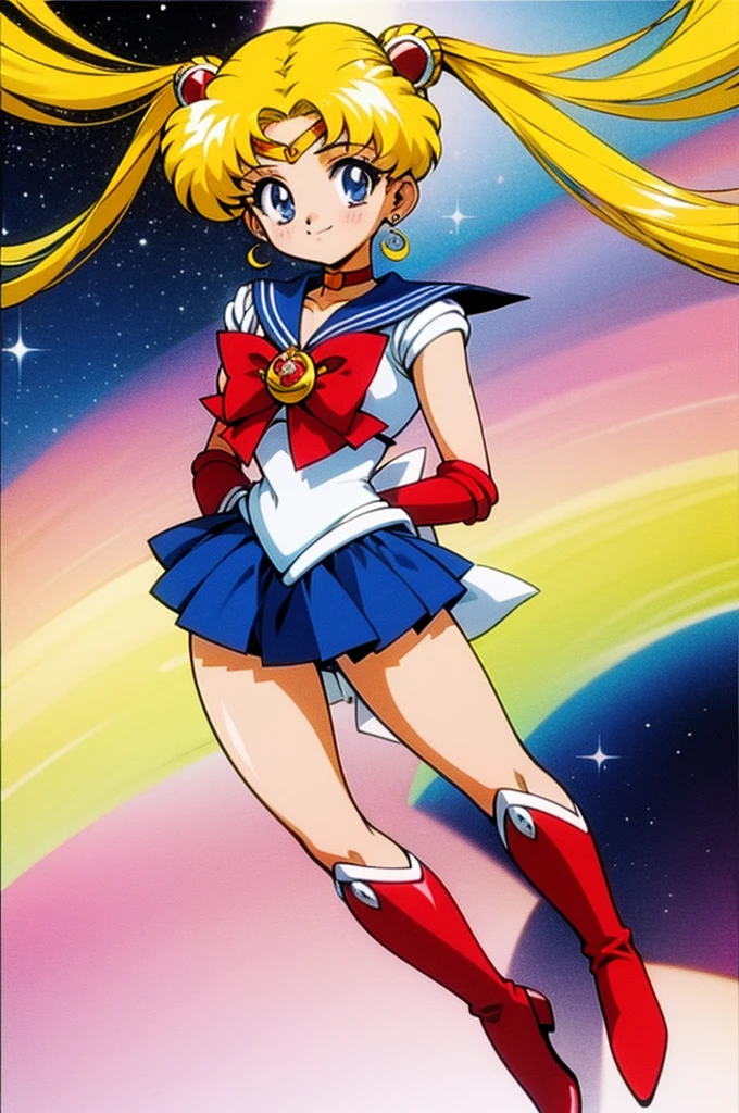 masterpiece, best quality, 1girl, solo, looking at viewer, anime screencap,1990s \(style\), (art by Naoko Takeuchi), EPsmSailorMoon, blonde hair, blue eyes, long hair, very long hair, twintails, hair bun, double bun, miniskirt, choker, bow, crescent earrings, starry sky, knee boots, red choker, white gloves, moon, red bow, sky, magical girl, elbow gloves, star (symbol), closed mouth, earrings, full body, back bow, jewelry, boots, star (sky), sailor senshi uniform, crescent, crescent moon, blue sailor collar, smile, gloves, sailor collar, blue skirt, red footwear, skirt, pleated skirt