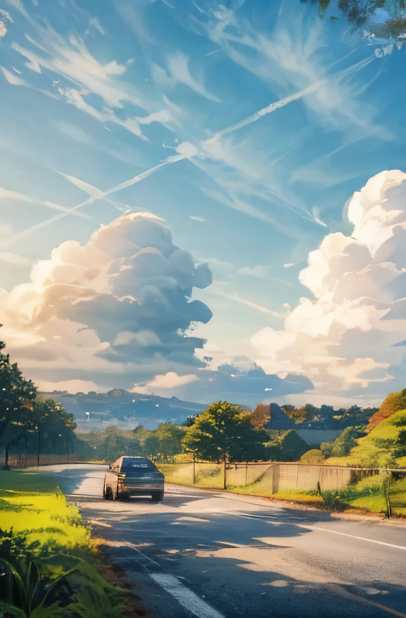 street, high quality, road surrounded by grass, blue sky, clouds, green grass, ultra high detail sky, detailed clouds, beautiful nature, beautiful sky