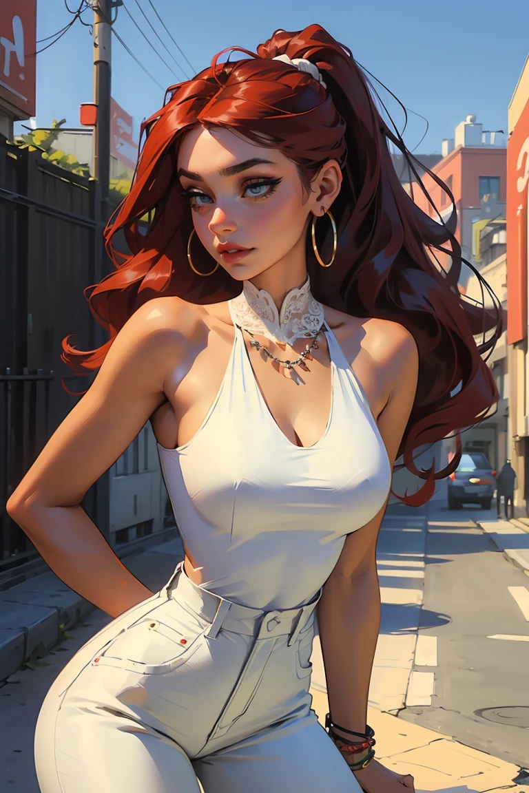 Goddess ((goddess-like woman)), slim, elegant silhouette, masterpiece, (close angle), best quality, cute face, (masterpiece:1,2, best quality), (real picture, intricate details), ( 1 lady, solo, medium tits, narrow waist, (long hair), a woman with long hair, red hair, long wavy red hair, high ponytail, green eyes, she has an impressive presence., bracelet, hoop earrings, jewelry, beautiful face, beautiful eyes, she looks the Looking at viewer, she is wearing earrings, necklace, many different bracelets, black lingerie, White elegant sleeveless lace V-neck cami top, hip-high denim pants, high-heeled ankle boots sweet irresistible smile, elegant pose, elegant hands, beautiful hands, perfect fingers, background: her stands in a big city, a busy city, a club, outside, blue sky, upper body view,