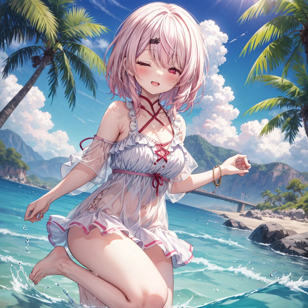 ((Highest quality)), ((masterpiece)), (detailed), a cartoon girl in 比基尼s holding her pink hair in the water on a beach, 1girl, barefoot, swimsuit, suns, one eye closed, 比基尼, 独奏, day, breasts, hair ornament, blush, sky, blue sky, water, cloud, outdoors, 比基尼, feet, hairclip, red eyes, pink hair, splashing, spread legs, large breasts