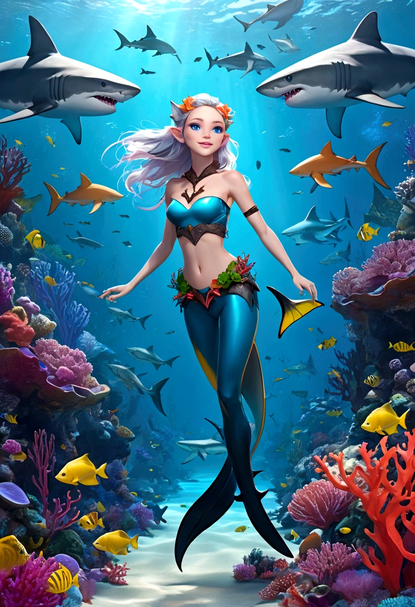 Fantasy Undersea,Shark elf girl has a shark-like appearance,blue eyes,Sharp fangs,Squamous skin, Shark fin feature on back,Look back with your back to the audience,Floating in seaweed underwater fantasy scene, coral, And tropical fish, Detailed and realistic 3D rendering, light, Bright colors, Concept art style