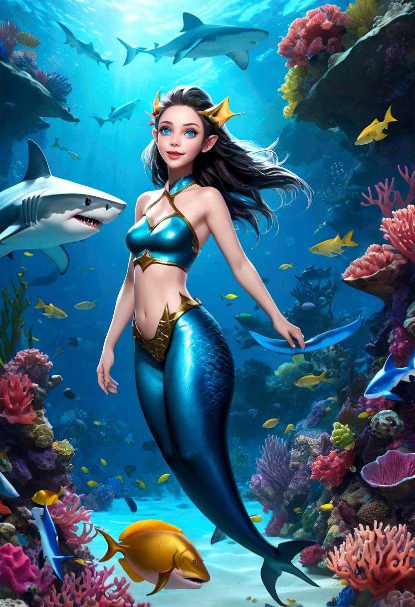Fantasy Undersea，Shark elf girl has a shark-like appearance，blue eyes，Sharp fangs，Squamous skin, Shark fin feature on back，Look back with your back to the audience，Floating in seaweed underwater fantasy scene, coral, And tropical fish, Detailed and realistic 3D rendering, light, Bright colors, Concept art style