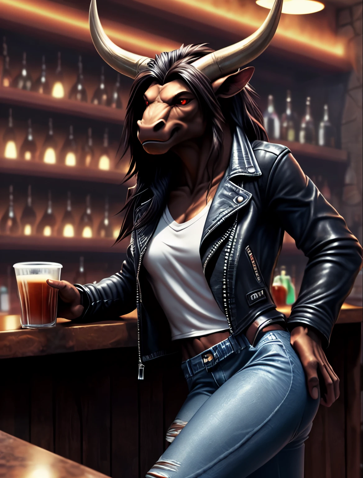 A slim, pretty, feminine, female (minotaur) (((leaning))) against a (((bar counter))). ((leather jacket and denim jeans, white undershirt)), long hair, dark hair, (brown fur), (red eyes) female focus, ((feminine facial features)) relaxed, detailed eyes, high quality, best quality, concept art, photorealistic, octane render, unreal engine, sharp focus