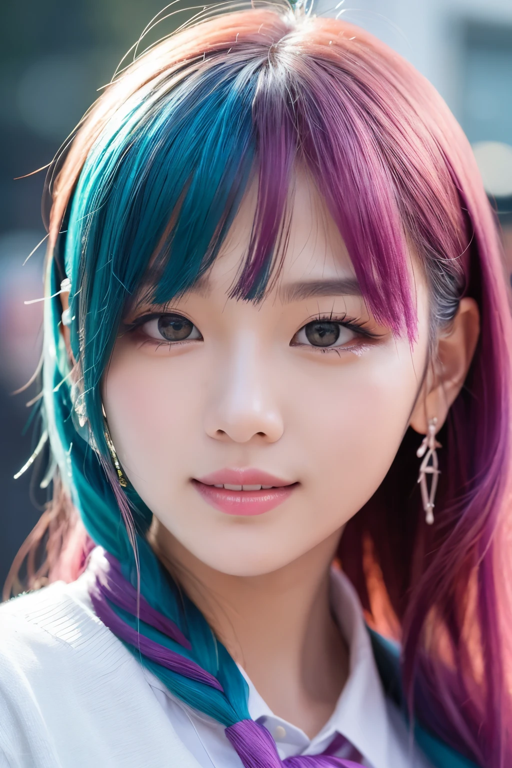 high quality, High resolution, masterpiece, completion, detailed.impressive, Cutting-edge female photography portraits, Showcasing a bold and daring street-art style. Facing forward、A gentle smile、Soft look, cyan, and purple, Her vibrant makeup really catches the eye.. Her colorful hair is tied up high, Blue and pink hues in harmony. 背景には蛍光クロムイエローand purpleの魅惑的なグラデーションが施されています, Blends seamlessly with the dynamic colors of your subject.  An unforgettable image