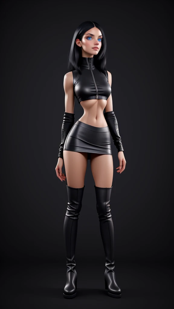 beautiful girl, ((standing:1.4)), (confident gaze:1.1), full body, short bright neon streaked black hair, ((realistic highly detailed eyes:1.4)), ((seductive pose:1.2)), fit, Athletic, lean, slender abs, black eyeshadow, (street style wear:1.2), ((short skirt)), ((knee high leather boots)),((light plain background:1.4)), dark makeup, digital art, trending on artstation, highly detailed, fine detail, intricate, detailed facial features, sharp focus, smooth, aesthetic,