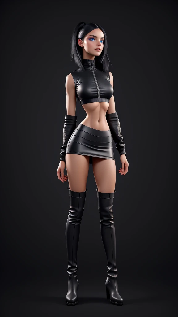 beautiful girl, ((standing:1.4)), (confident gaze:1.1), full body, short bright neon streaked black hair, ((realistic highly detailed eyes:1.4)), ((seductive pose:1.2)), fit, Athletic, lean, slender abs, black eyeshadow, (street style wear:1.2), ((short skirt)), ((knee high leather boots)),((light plain background:1.4)), dark makeup, digital art, trending on artstation, highly detailed, fine detail, intricate, detailed facial features, sharp focus, smooth, aesthetic,