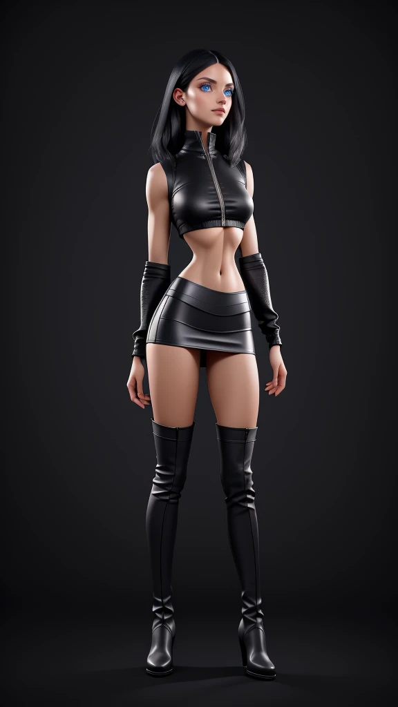 beautiful girl, ((standing:1.4)), (confident gaze:1.1), full body, short bright neon streaked black hair, ((realistic highly detailed eyes:1.4)), ((seductive pose:1.2)), fit, Athletic, lean, slender abs, black eyeshadow, (street style wear:1.2), ((short skirt)), ((knee high leather boots)),((light plain background:1.4)), dark makeup, digital art, trending on artstation, highly detailed, fine detail, intricate, detailed facial features, sharp focus, smooth, aesthetic,