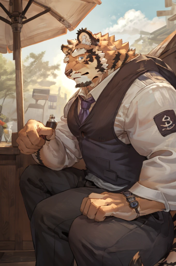 (masterpiece,best quality,Super detailed,Perfect anatomical structure),Detailed background,Empty,hairy,cannon, ,Clear focus,白色tiger，By Empty Ghost, rest 阳光,External,campus, Solitary,Solitary ，male,male ,human nature,Cat,tiger,muscular,rest (White fur:1.5,White body:1.5),looking at the audience,Delicateeyes, Dressed,Casual clothing is acceptable when the weather is nice,Golden pupils