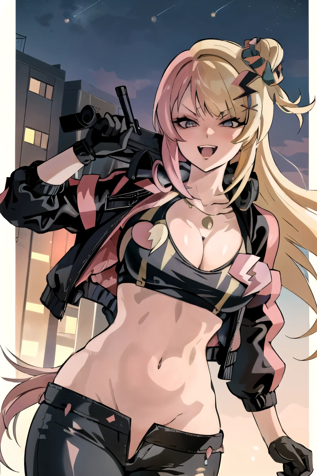 kotokadef, hair scrunchie, x hair ornament, hairclip, necklace, headphones, jacket, smirk, grin, furrowed brow, blush, lipstick, outdoors, rooftop, cityscape, building, railing, night, night sky, scenery, city lights, fur trim, mature female, gloves, fur-trimmed coat, masterpiece, best quality, highly detailed, a girls with a gun, evil smile , open mouth, sexy gaze, badass pose , evil smile, smile, (nsfw) not safe for work, guns blazing, anime girl with long hair, beautiful long haired girl, navel, evil expression, exposed belly, exposed navel, exposed midriff, exposed lower belly, long black pants, crop top, cleavage, unbuttoned leather pants ,open fly, low rise black leather pants, leather jacket, holding a gun, navel piercing