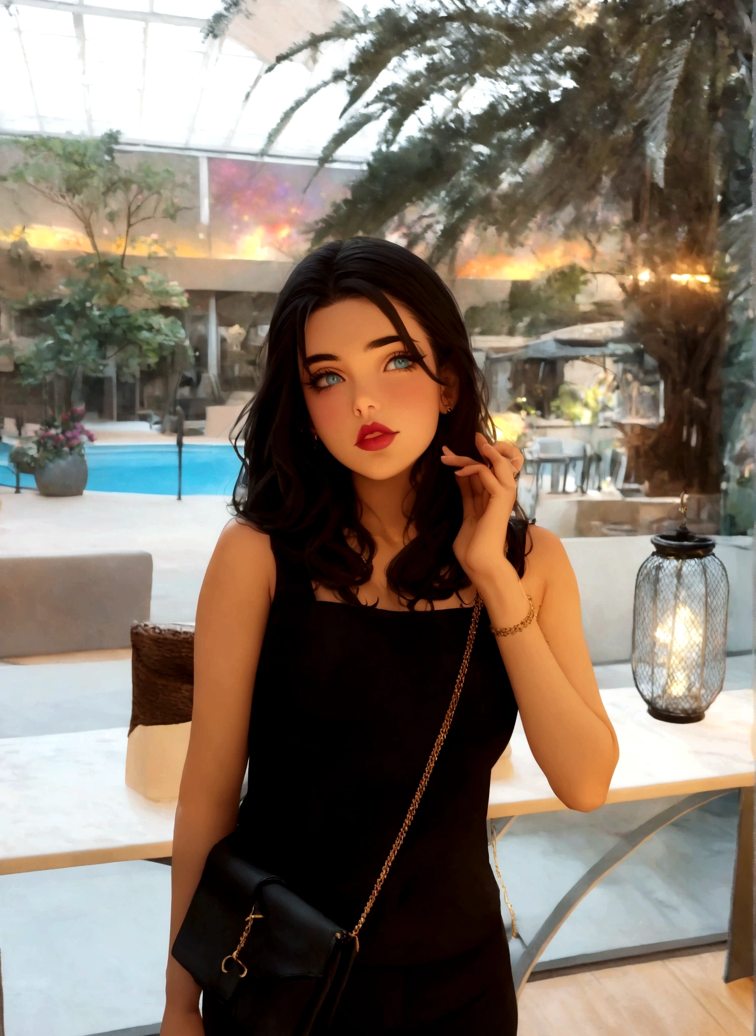 4K ultra high definition, Masterpiece, A girl with a magical aura, (good face:1.2), very long hair, detailed eyes, bright lips, ta costume, (black suit:1.5), The aura around the body., magic effect, Diffuse white light, Cosmic elements and ethereal atmosphere., A mix of bright lights and colorful nebulae., universe background, perfect body,