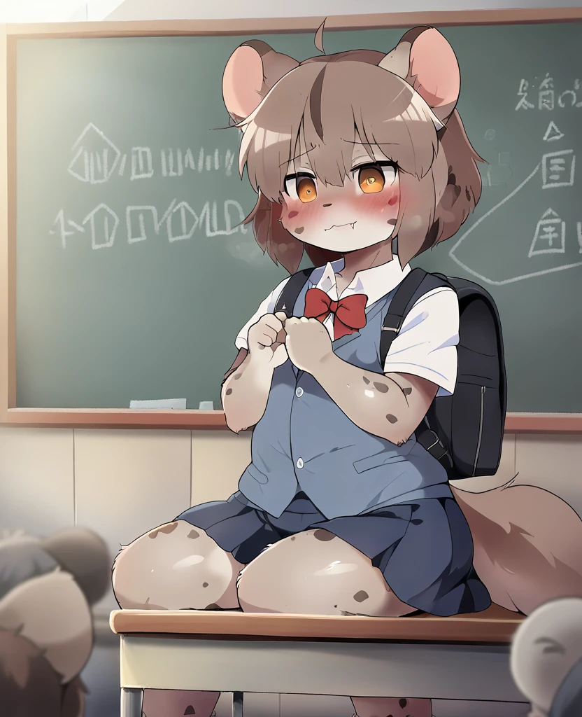 A young female hyena student in school uniform, sitting at a desk with a mischievous grin (Her spotted fur visible beneath her clothes,best quality, masterpiece, ultra-detailed, intricate, illustration, detailed lighting, rim lighting, volumetric lighting, motion blur, lens flare, 1 anthropomorphic character, hyena girl, school uniform, classroom, desk, textbooks, pencils, backpack, mischievous expression, spotted fur, fluffy tail, large ears, paw-like hands, classroom decorations, chalkboard, other students in background, playful atmosphere, 4k, hyper realistic