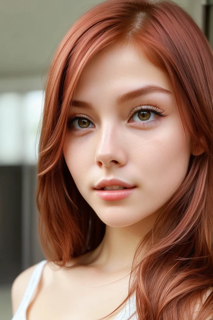 Create a realistic photo of a virtual European girl with the following features: He has long red hair, with slightly Asian eyes (and 10% with Asian features). His left eye is blue and his right eye is green.. The girl must be extremely beautiful and unique, with a friendly and charismatic facial expression. Make sure your face is completely visible in the photo, with natural lighting that highlights its distinctive features