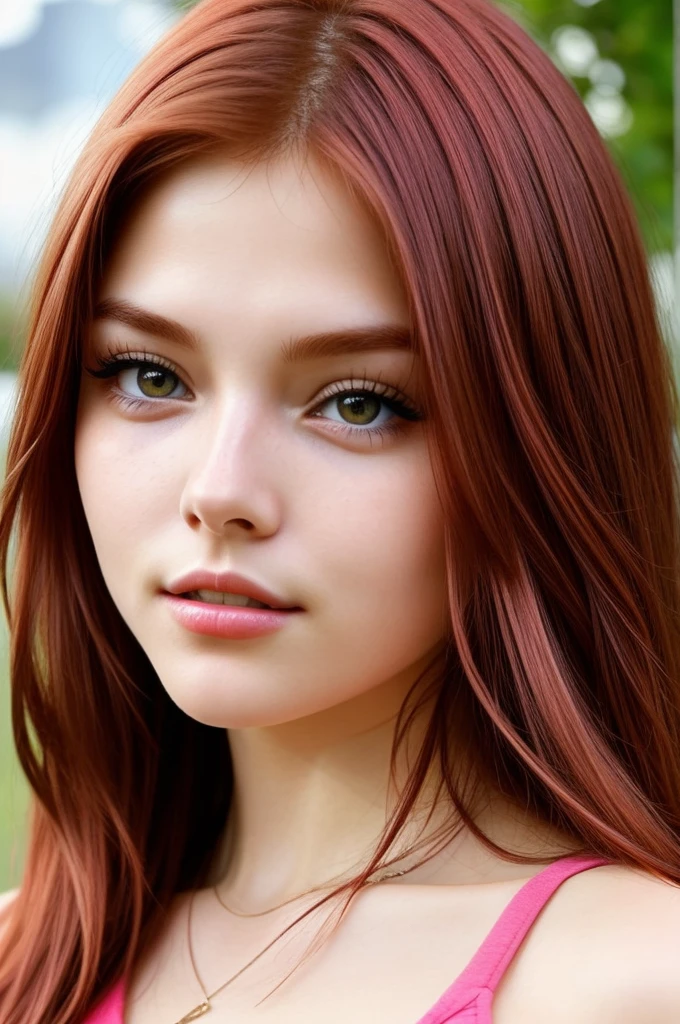 Create a realistic photo of a virtual European girl with the following features: He has long red hair, with slightly Asian eyes (and 10% with Asian features). His left eye is blue and his right eye is green.. The girl must be extremely beautiful and unique, with a friendly and charismatic facial expression. Make sure your face is completely visible in the photo, with natural lighting that highlights its distinctive features