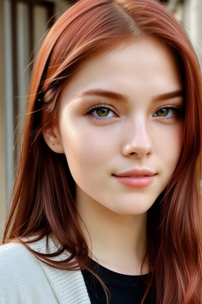 Create a realistic photo of a virtual European girl with the following features: He has long red hair, with slightly Asian eyes (and 10% with Asian features). His left eye is blue and his right eye is green.. The girl must be extremely beautiful and unique, with a friendly and charismatic facial expression. Make sure your face is completely visible in the photo, with natural lighting that highlights its distinctive features