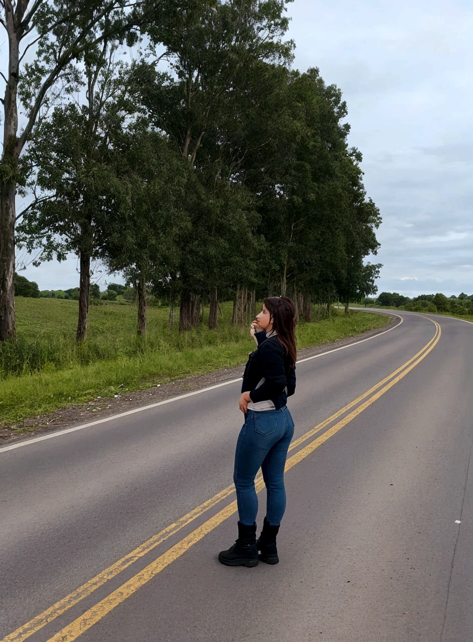 there is a woman standing On the side of the road with her hand on her hip, standing bravely on the road, standing on the road, on a road, in the countryside, riding on the road, trees in the background, On the side of the road, Full body distant view, looking into the distance, looking into the distance, back to camera