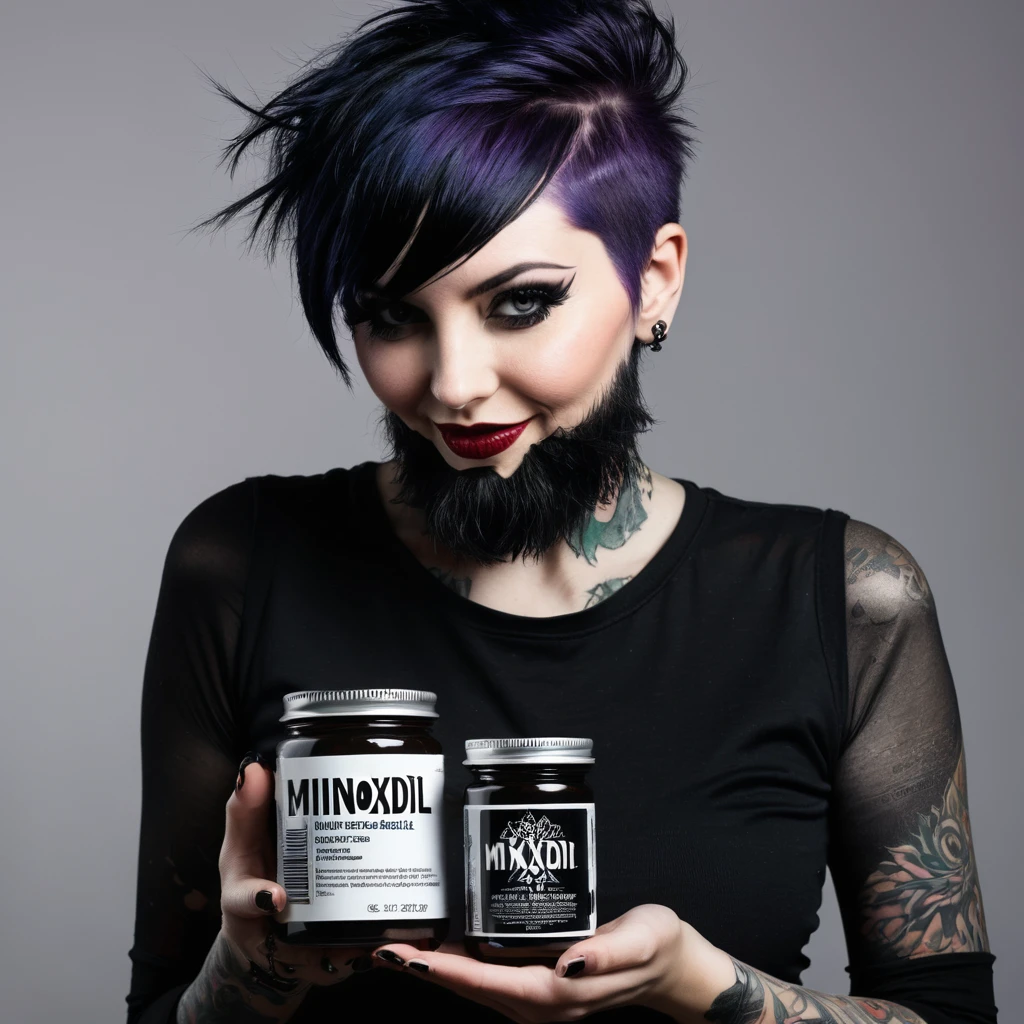bearded woman, short hair, punk goth style, receives a jar of minoxidil