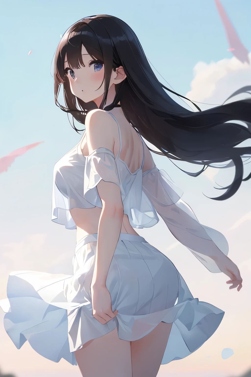best quality, masterpiece, (独奏:1.2), (1 Female:1.2)、Age 25、Larger breasts、(Slender figure)、(Thighs)、(side)、belly button、(The moment you jump:1.2)、(See-through clothing:1.2)、White off-the-shoulder tops、(White Skirt:1.2)、(White highlight in pupil:1.2)、Dark blue eyes、(Black-haired:1.2)、(Long Hair)、(View your viewers:1.2)、White skin、(blush)、(Lively expression)、(I blur the background a lot to make the woman stand out.:1.3)、(Abstract style background:1.2)、(Wind-feeling background:1.2)、blue sky