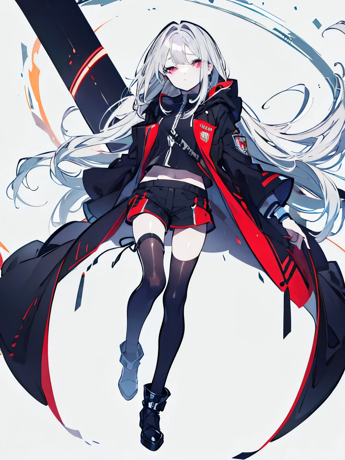 Glowing eyes, Colorful silver hair, Anime style, 高detail, Futurism, Glowing lights, 超HD, Retina, masterpiece, precise, Anatomically correct, Textured Skin, 超级detail, 高details, high quality, The award-winning, best quality, high resolution,White hair,Long hair,beautiful girl,No Expression,whole body,Height 145 cm,Black hooded cloak,Different world,HD,detail,whole body,Over the knee socks,,Red vest,Black shorts,Ankle boots,No background,With hands