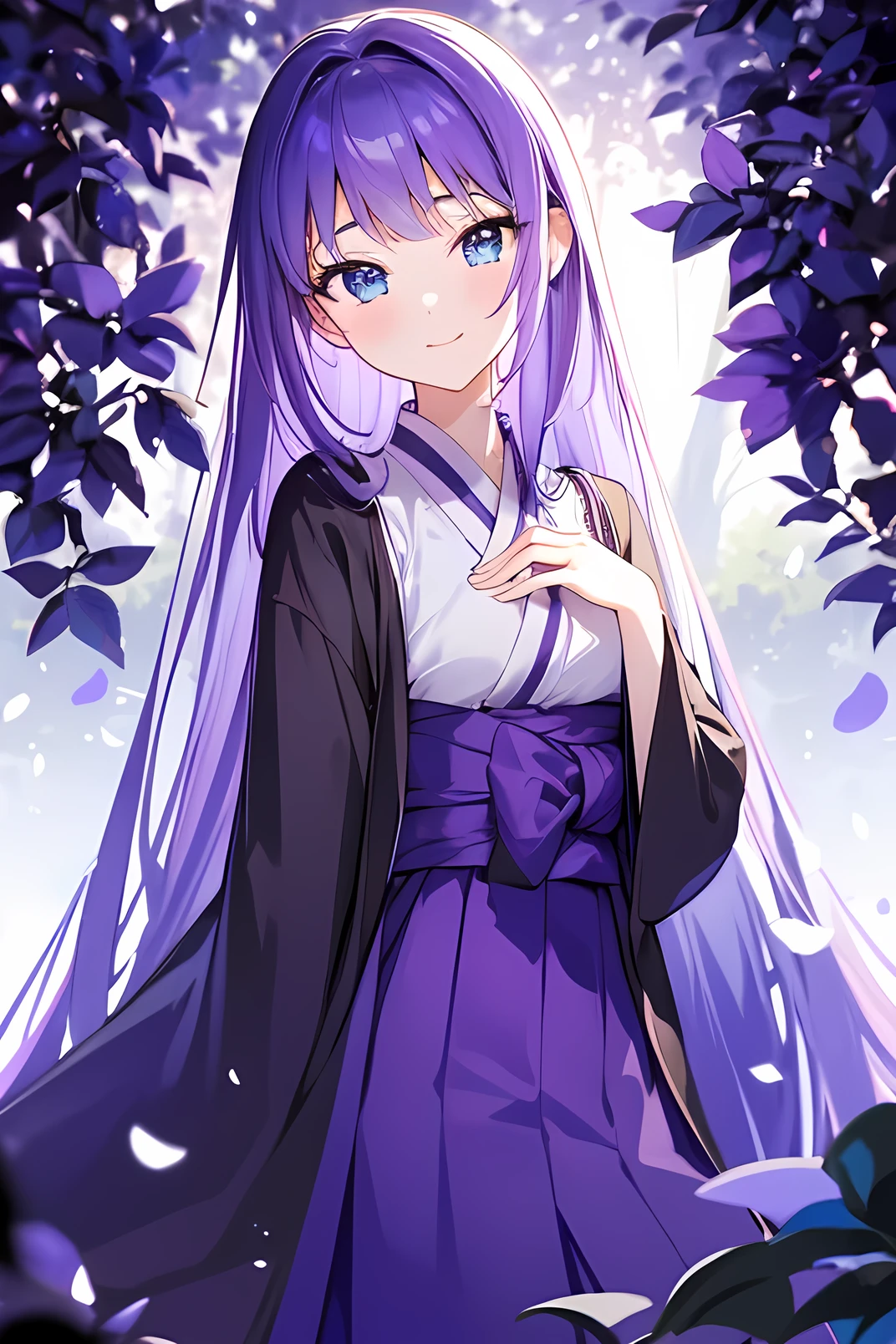 (masterpiece, best quality, ultra-detailed, best shadow), (detailed background,dark fantasy), (beautiful detailed face), high contrast, ((solo:1.2)),cute girl in a forest, (dappled sunlight:1.2),blurry,(depth of field:1.1),(petals),tree,butterfly, lavender hair, long hair, hair in between eyes, long hair locks sliding over chest, aqua blue eyes, , clothes, kimono like white shirt, long sleeves, purple ribbon around waist, purple skirt, smile, blush, cute face, anime girl, adorable, anime style
