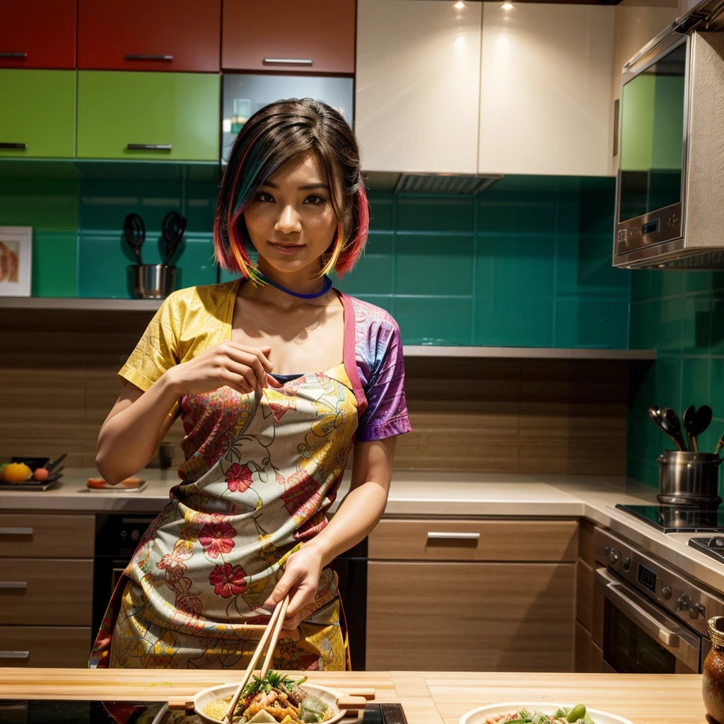 [[((a vibrant, colorful Asian dish prepared in a stylish, modern kitchen:1.6)), the focus of the scene, with an attractive young Asian woman cooking in the background. She is dressed in fashionable, practical cooking attire that complements her vibrant surroundings:1.4)). The background features a sleek, upscale kitchen environment. The scene is captured with a ((full-frame DSLR:1.4)) using a ((50mm prime lens:1.4)) to keep the dish in sharp focus and the woman slightly in the background. Professional lighting enhances the dish's vibrant colors and presentation, adding a ((soft bokeh effect:1.3)) to the background. The image should be in ((8K resolution:1.5)) with ((hyper-realistic detail:1.6)). The focus is entirely on the colorful Asian dish, with the young woman’s stylish and confident presence in the background, highlighting the delicious and vibrant meal being prepared in a modern kitchen setting.]]