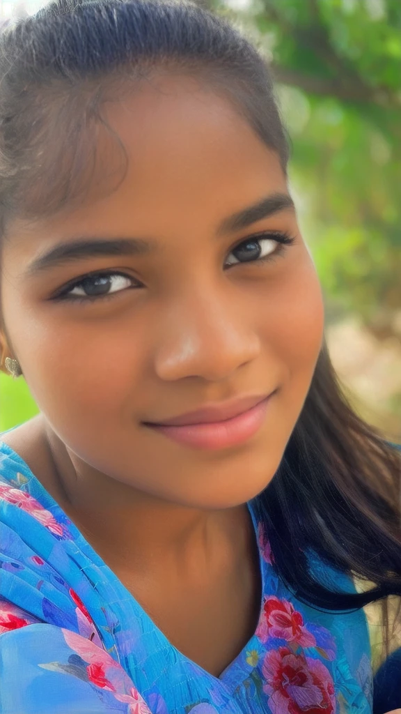 "A beautiful Indian girl's close-up face, radiating natural beauty and innocence. Her expressive eyes sparkle, revealing a depth of character and a hint of mystery. She has a serene smile that exudes warmth and friendliness, making anyone feel welcomed. Her flawless skin glows with a natural radiance, and her perfectly arched eyebrows frame her eyes gracefully. The soft, blurred background ensures that all attention is drawn to her captivating features, highlighting every detail from her delicate eyelashes to the gentle curve of her lips. This portrait captures not just her outer beauty, but also a glimpse of her inner charm and grace."