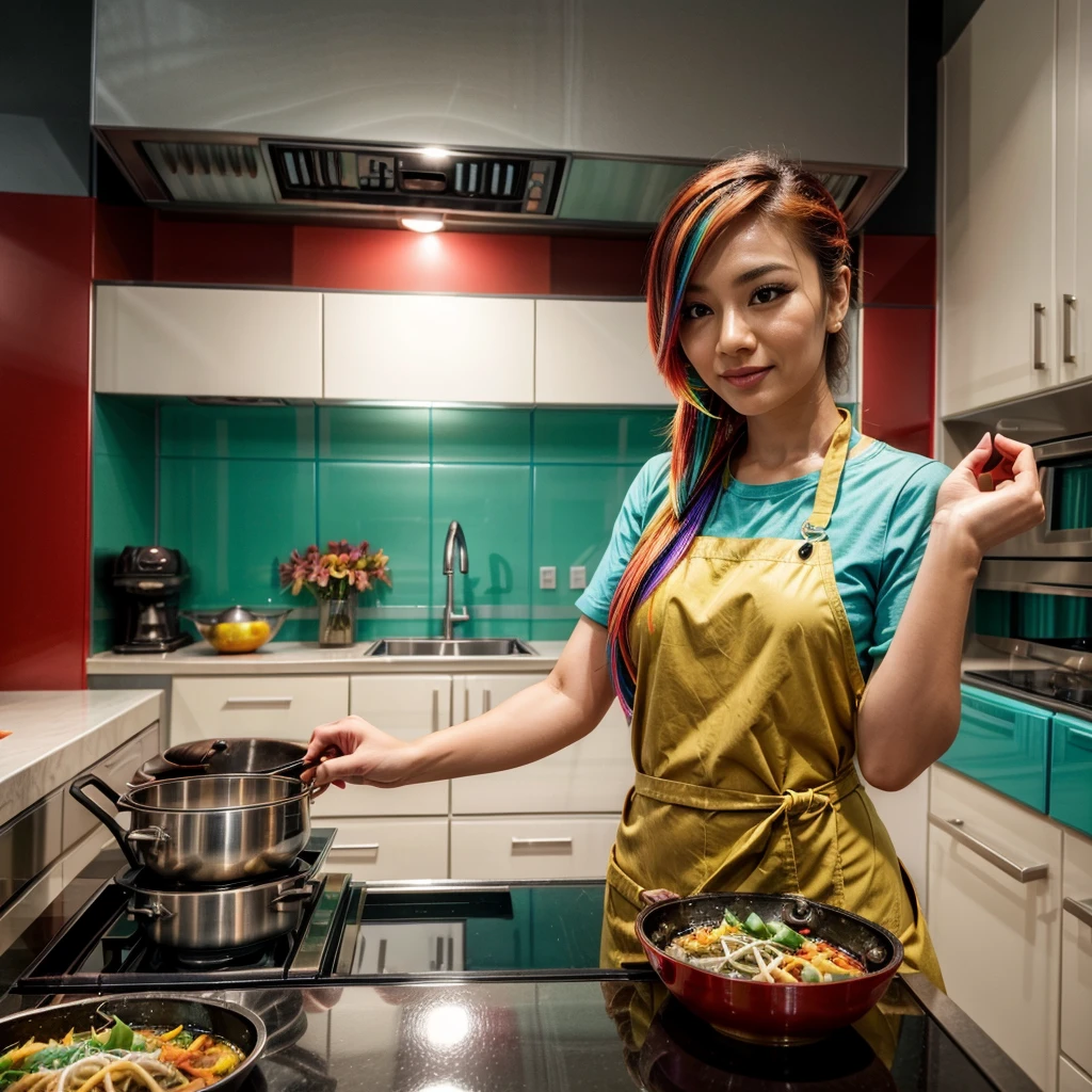 [[((a vibrant, colorful Asian dish prepared in a stylish, modern kitchen:1.6)), the focus of the scene, with an attractive young Asian woman cooking in the background. She is dressed in fashionable, practical cooking attire that complements her vibrant surroundings:1.4)). The background features a sleek, upscale kitchen environment. The scene is captured with a ((full-frame DSLR:1.4)) using a ((50mm prime lens:1.4)) to keep the dish in sharp focus and the woman slightly in the background. Professional lighting enhances the dish's vibrant colors and presentation, adding a ((soft bokeh effect:1.3)) to the background. The image should be in ((8K resolution:1.5)) with ((hyper-realistic detail:1.6)). The focus is entirely on the colorful Asian dish, with the young woman’s stylish and confident presence in the background, highlighting the delicious and vibrant meal being prepared in a modern kitchen setting.]]