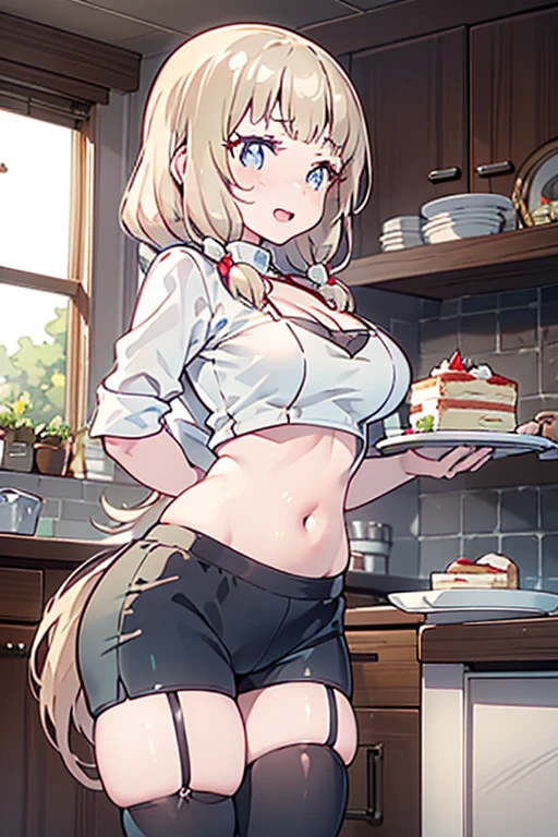 (dynamic angle:1.3, front view:1.1, breast focus:1.3, from below:1.2), (dynamic posing:1.2, sexy posing:1.2), (seductive smiling:1.3), ((holding Pasta on a plate,Taking the pasta out of the pan, worried about the outcome:1.2)),highest quality、(real、photorealistic:1.4),(ultra high resolution, 8K RAW photo, clear focus), best qualtiy, natural lighting, field depth, (Bright pupils, detailed beautiful eyes, high detailed face), Red lip, (tight focus:1.2), a girl 22yo old, Wearing a pastry chef uniform:1.3 , Thicc, thin breast, long hair, blue eyes,garter stocking, cleavage:1.2, midriff, black shorts, black thighhighs, thigh strap, pretty girl, (highly detailed beautiful face and eyes,firm breasts),real skin,((black,hair,long pony tail hair)),thin pubic hair,cute,lovely, detailed eyes,(double breasted:1.0,under bust:1.0),(with sparkling eyes and a contagious smile),open mouth, Looking at Viewer,A scene of make cooking Cakes in the kitchen