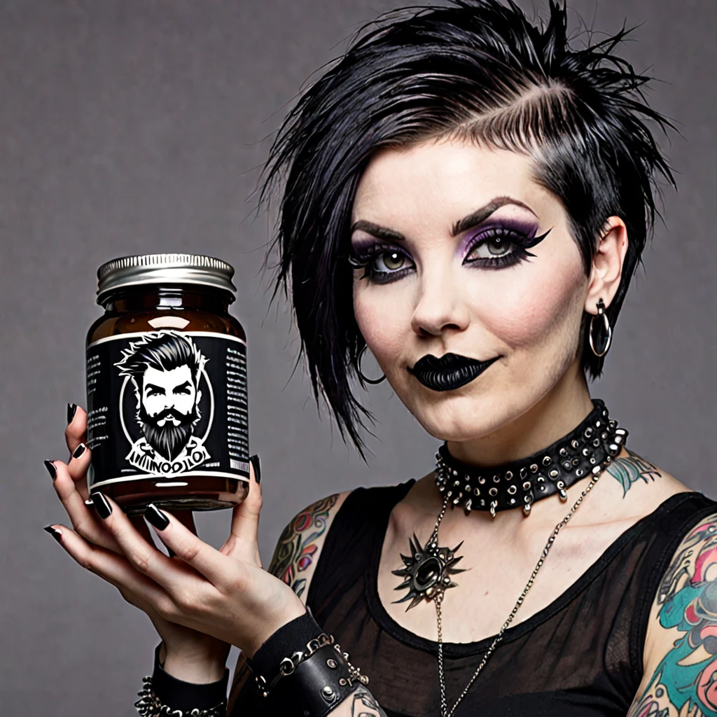 bearded woman, short hair, punk goth style, receives a jar of minoxidil