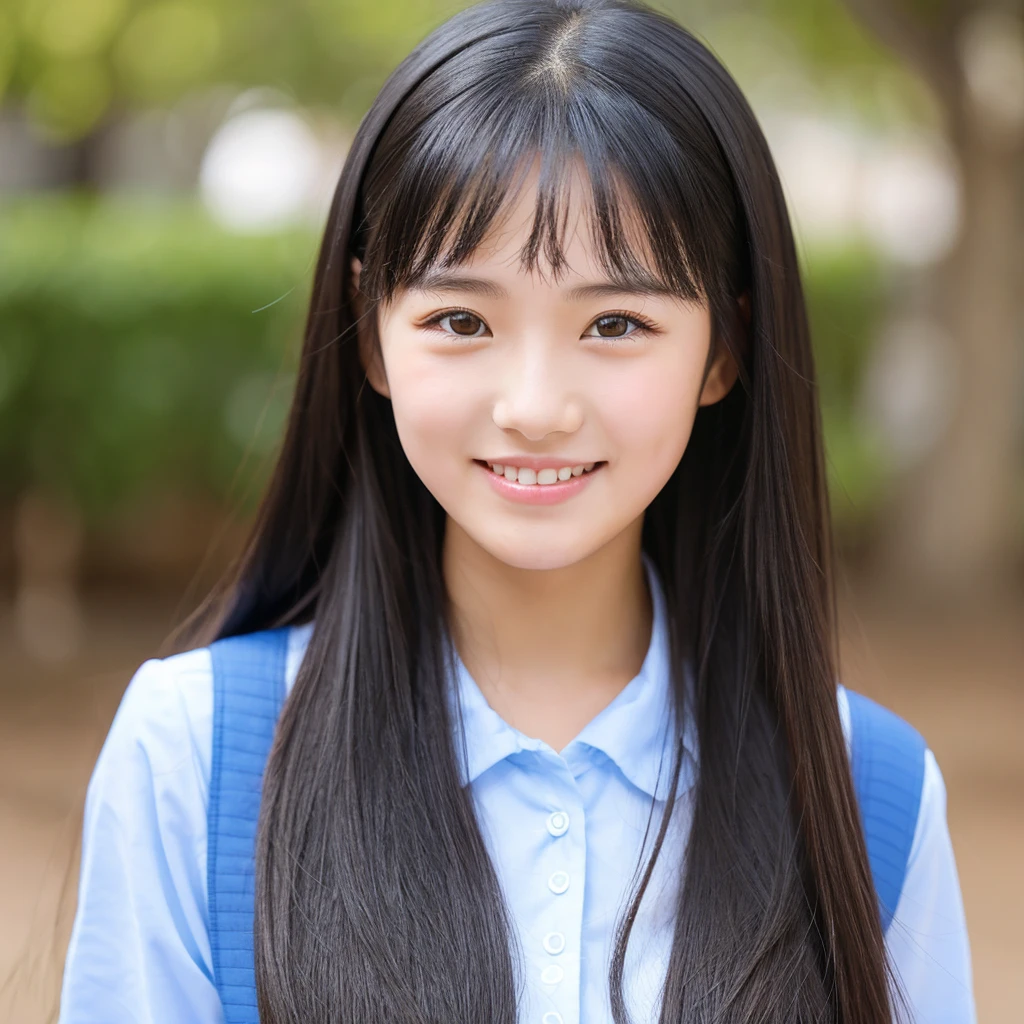A bright high school girl with long black hair, a straight nose, beautiful eyes, and a cheerful face.