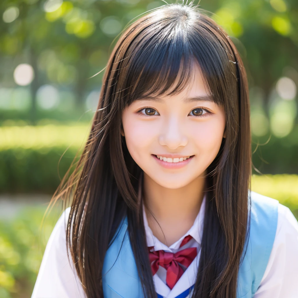 A bright high school girl with long black hair, a straight nose, beautiful eyes, and a cheerful face.