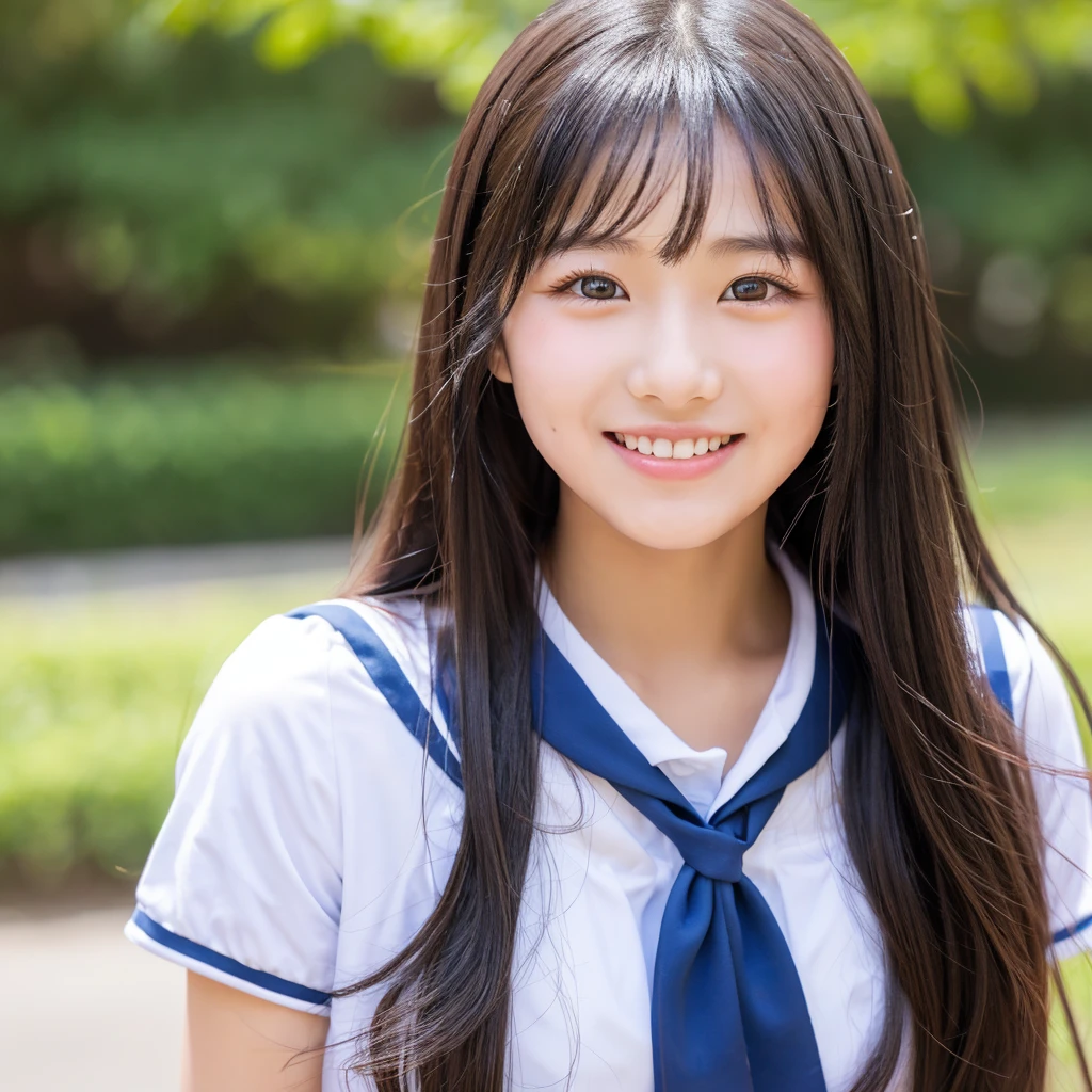 A bright high school girl with long black hair, a straight nose, beautiful eyes, and a cheerful face.