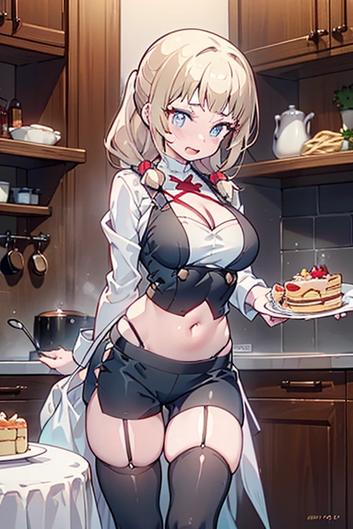 (dynamic angle:1.3, front view:1.1, breast focus:1.3, from below:1.2), (dynamic posing:1.2, sexy posing:1.2), (seductive smiling:1.3), ((holding Pasta on a plate,Taking the pasta out of the pan, worried about the outcome:1.2)),highest quality、(real、photorealistic:1.4),(ultra high resolution, 8K RAW photo, clear focus), best qualtiy, natural lighting, field depth, (Bright pupils, detailed beautiful eyes, high detailed face), Red lip, (tight focus:1.2), a girl 22yo old, Wearing a pastry chef uniform:1.3 , Thicc, thin breast, long hair, blue eyes,garter stocking, cleavage:1.2, midriff, black shorts, black thighhighs, thigh strap, pretty girl, (highly detailed beautiful face and eyes,firm breasts),real skin,((black,hair,long pony tail hair)),thin pubic hair,cute,lovely, detailed eyes,(double breasted:1.0,under bust:1.0),(with sparkling eyes and a contagious smile),open mouth, Looking at Viewer,A scene of make cooking Cakes in the kitchen

