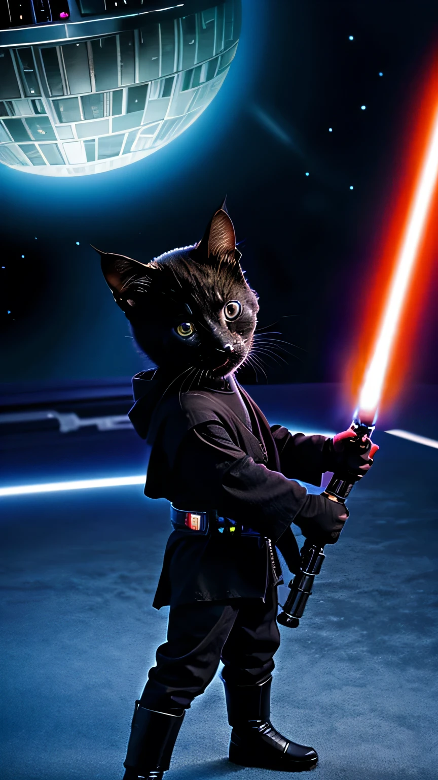 a Jedi style black kitten (new generation), expressive look. small mouth, big head, , wielding a lightsaber, on an inhospitable planet, deathstar (star wars) in the background, in the sky #Full body, Cinematic photo, Light smile, Meadow, Cold light, Hyperrealism,#Extraterrestrial Landscape,Neon Cold Lighting,Star Wars,Makoto Shinkai's Style,Ultra-high Resolution