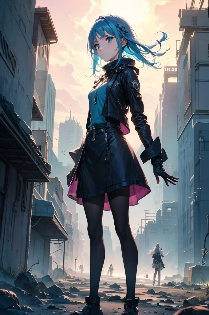 atmosfera the noite chuvoso sombria in anime 4D tinta óleo A post-apocalyptic Fallout-themed magazine cover illustration power fenix girl logan + Elza frozen ice power immersed in the resplendence of the setting sun, in surreal Ghibli-style watercolor, she finds her gaze projected towards a color-saturated cityscape on the horizon, aesthetic elements borrowed from the likes of  urban flora emerging sparsely suggesting an atmosphere of desolation yet intriguing, motion stilled