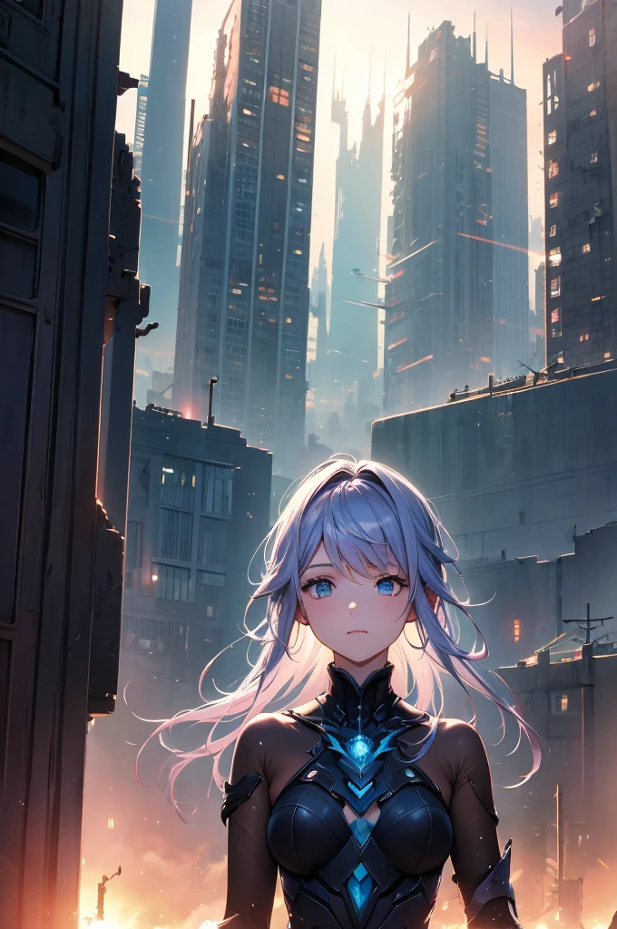 atmosfera the noite chuvoso sombria in anime 4D tinta óleo A post-apocalyptic Fallout-themed magazine cover illustration power fenix girl logan + Elza frozen ice power immersed in the resplendence of the setting sun, in surreal Ghibli-style watercolor, she finds her gaze projected towards a color-saturated cityscape on the horizon, aesthetic elements borrowed from the likes of  urban flora emerging sparsely suggesting an atmosphere of desolation yet intriguing, motion stilled