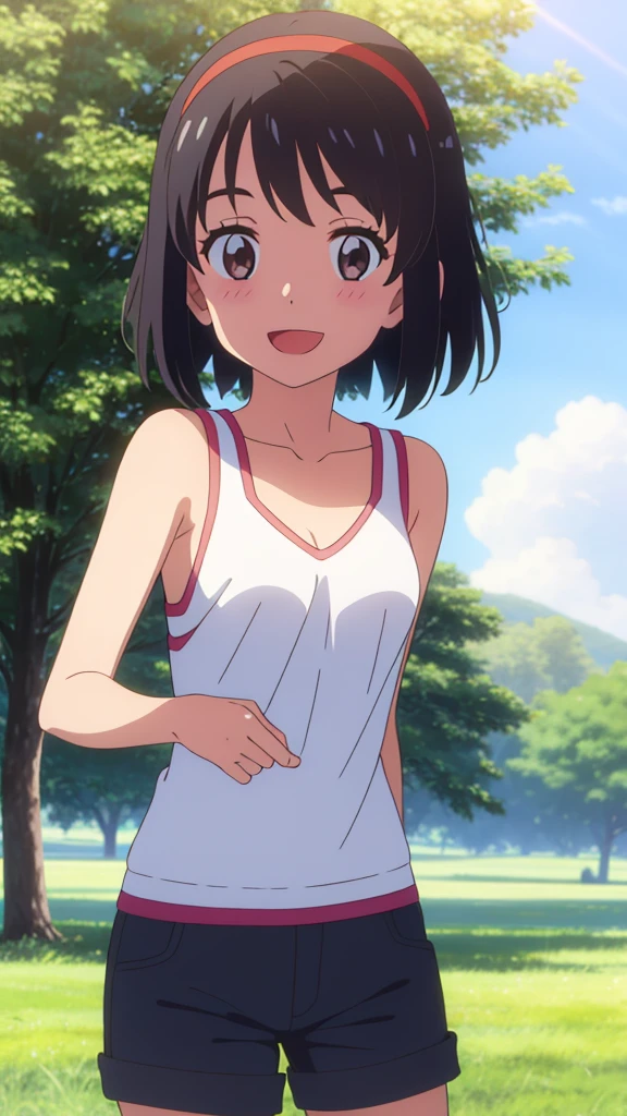 shinkai makoto, kimi no na wa., 1girl, bangs, black hair, blush, bright eyes, brown eyes, looking at the viewer, red headband, casual clothes, white shirt, black shorts, short hair, medium breasts, solo, summer day, outdoors, shinny skin, smile, happy, :D, blue_sky, sunlight, summer_season, wind, tree