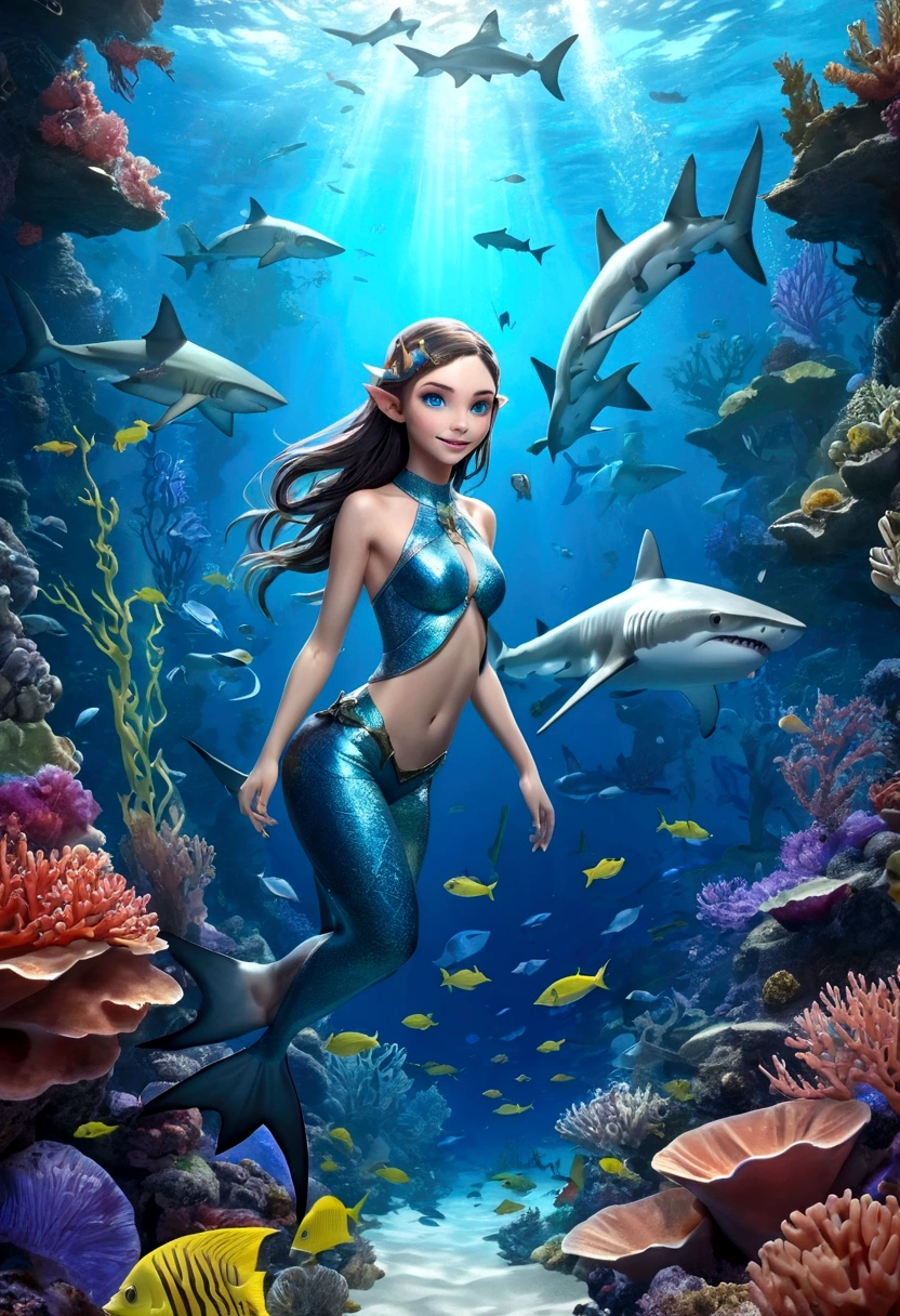 Fantasy Undersea,Shark elf girl has a shark-like appearance,blue eyes,Sharp fangs,Squamous skin, Shark fin feature on back,View from behind,,Floating in seaweed underwater fantasy scene, coral, And tropical fish, Detailed and realistic 3D rendering, light, Bright colors, Concept art style