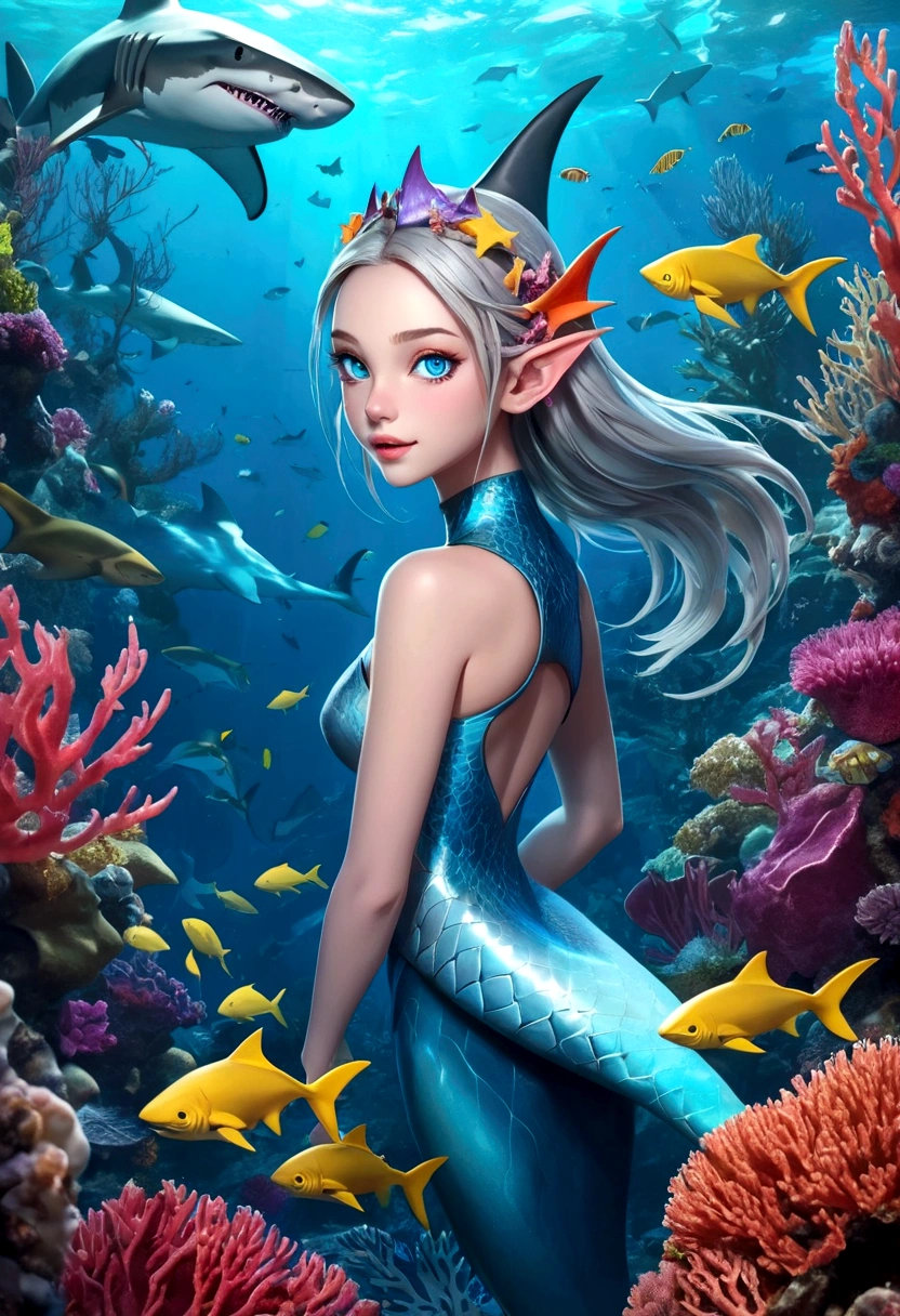 Fantasy Undersea，Shark elf girl has a shark-like appearance，blue eyes，Sharp fangs，Squamous skin, Shark fin feature on back，View from behind,，Floating in seaweed underwater fantasy scene, coral, And tropical fish, Detailed and realistic 3D rendering, light, Bright colors, Concept art style