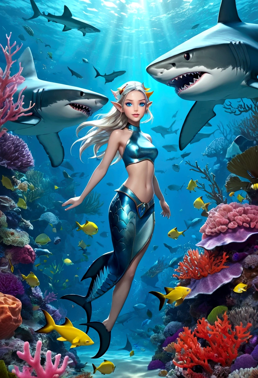 Fantasy Undersea,Shark elf girl has a shark-like appearance,blue eyes,Sharp fangs,Squamous skin, Shark fin feature on back,View from behind,,Floating in seaweed underwater fantasy scene, coral, And tropical fish, Detailed and realistic 3D rendering, light, Bright colors, Concept art style
