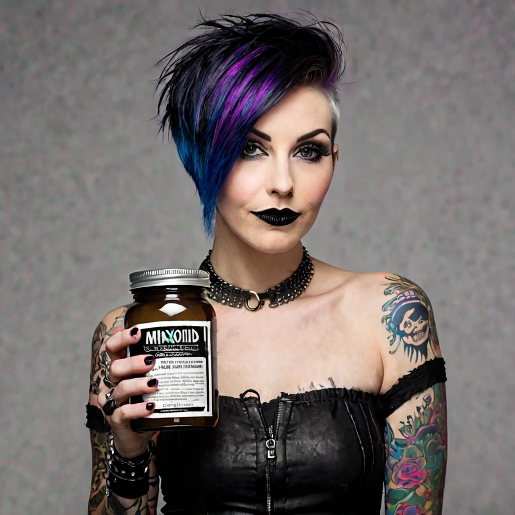 bearded woman, short hair, punk goth style, receives a jar of minoxidil