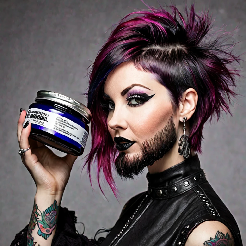 bearded woman, short hair, punk goth style, receives a jar of minoxidil